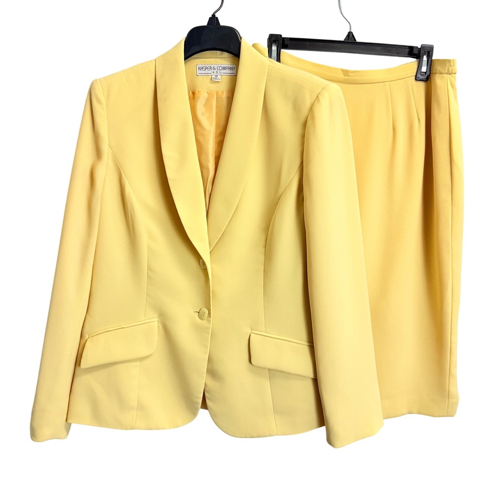 Kasper & Company ASL Womens Yellow 2 Piece Skirt Suit Set Shawl Collar Blazer 10